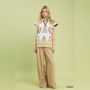 Umgee Border Print Split-Neck Boho Top🆕